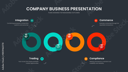 Corporate Overview Slideshow Layout Vector Illustration. Science Strategy Four Element Infographic Frame Template. Product Showcase 4 Option Graph Presentation Design.