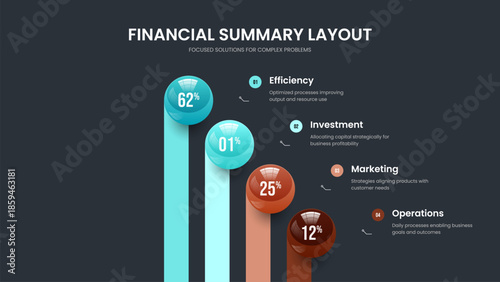 Business Strategy Four Element Chart Presentation Template. Marketing Growth Slide Layout Vector Illustration. Advertising Development 4 Option Infographic Frame Design.