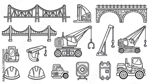 Construction equipment and bridges collection isolated monochrome illustrations