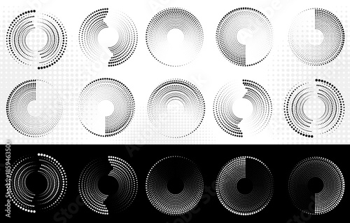 Set of abstract halftone circle vector round dotted frame black and white transparent or dotted backgrounds graphic elements or icon. Vector illustration.eps