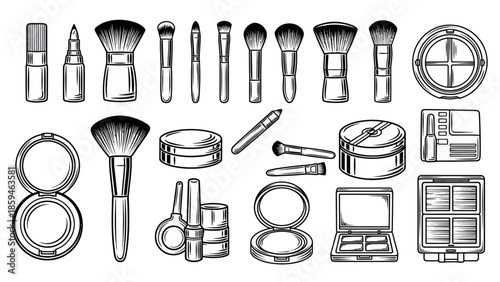 Cosmetics and makeup tools collection vector illustration in black and white