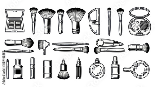 Cosmetics and makeup tools collection vector illustration in black and white