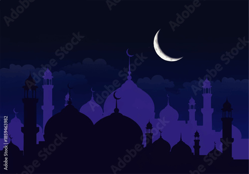 A serene nighttime scene of a mosque silhouette in purple hues against a dark blue sky with a crescent moon, created in a flat design illustration vector style.