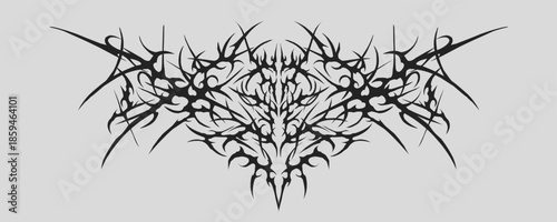Symmetrical abstract tribal thorn ornament in solid black with extreme gothic metal style, created for band logos, dark streetwear graphics, aggressive branding, and underground visual identity