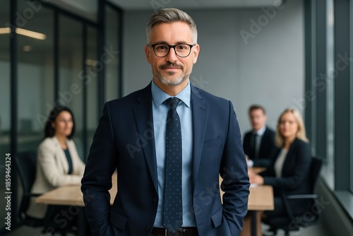 Confident Business Leader Standing in Modern Office with Team in Background