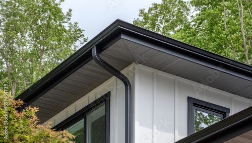 Modern house exterior featuring white siding, black gutters, and green trees