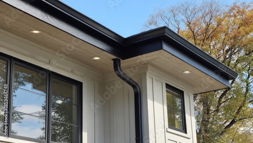 Exterior of a modern home featuring black gutters, white siding, and wooden soffit