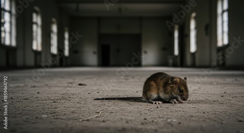 A tiny field mouse sits hunched and dejected on a massive, dusty floor in a large, abandoned building, overwhelmed by painful isolation ,indoor ,shadow ,solitude