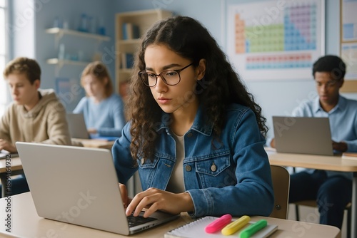 Focused Female Student Using Laptop in Classroom Setting