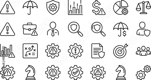 Risk management and business security icon set featuring insurance protection, financial warning, crisis strategy, industrial gears, legal justice scales, corporate shield, 