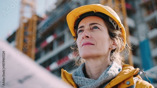 Confident Female Engineer Evaluating Construction Plans Outdoors