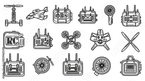 Drone and remote control icons collection in black and white design