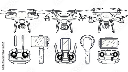 Drone and remote control set illustration in monochrome style