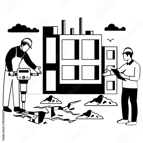 Urban Construction Operations vector design, construction workers banner, Skilled labor scene, Civil Engineering Works stock illustration, worker operates jackhammer breaking concrete concept