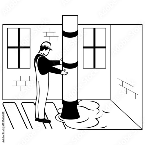 installing core support in interior space vector design, construction workers banner, Skilled labor scene, Civil Engineering Works stock illustration, Underfloor Heating and Structural Setup in Progre