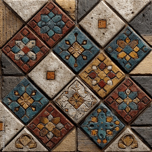 Colorful Geometric Tiles in a Pattern on a Textured Surface