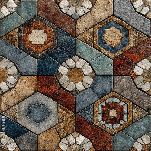 Colorful Mosaic Pattern of Stone Tiles with Geometric Shapes