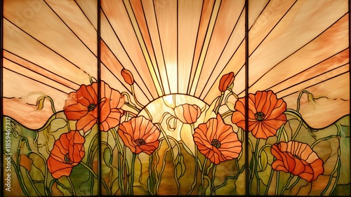 Vibrant Stained Glass Artwork of Poppies Against Sunrise Rays