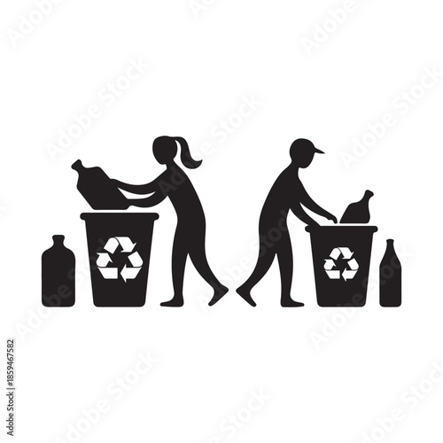  Black Color Recycling Awareness Silhouette for Global Recycling Day Eco Concept Silhouette Vector Illustration, Solid White Background.