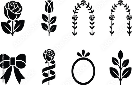 A Refined High-Contrast Vector Silhouette Set Featuring Detailed Roses, Delicate Floral Arches, Single Tulips, Decorative Ribbons, and Ornate Oval Frames