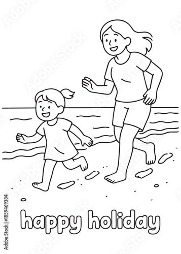 coloring book mother and child running happily along the beach