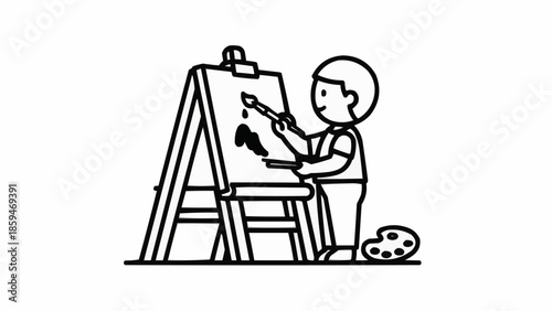 Cartoon artist painting on an easel with a brush and palette.