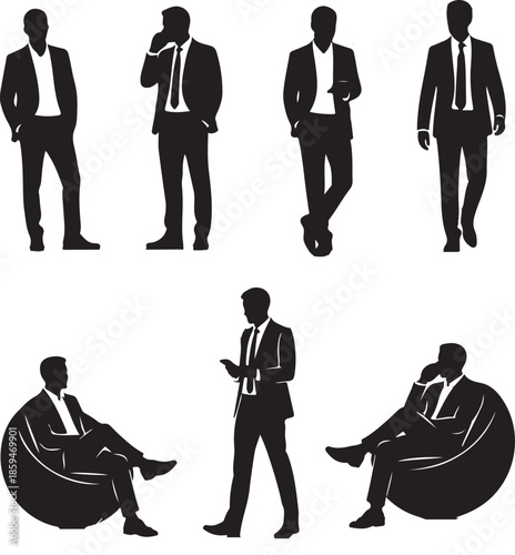 Silhouette collection of business professionals in various poses showcasing modern corporate lifestyle and communication styles high quality