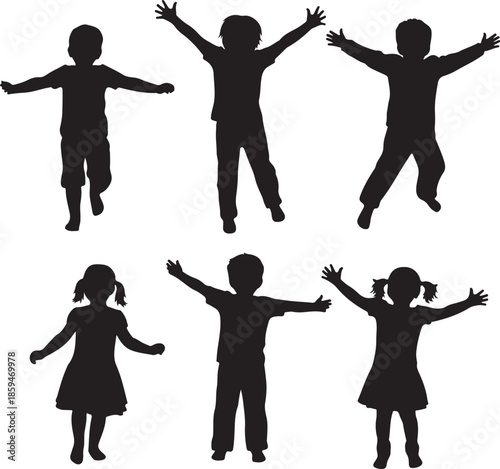 A collection of silhouetted children joyfully jumping playing and raising their arms in a carefree and energetic scene