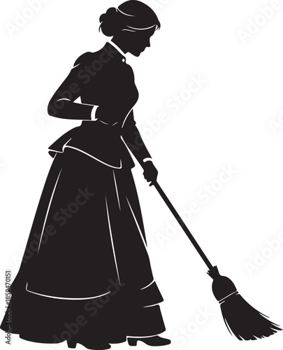 A vintage silhouette depicts a woman in historical attire diligently sweeping with a traditional broom showcasing domestic life