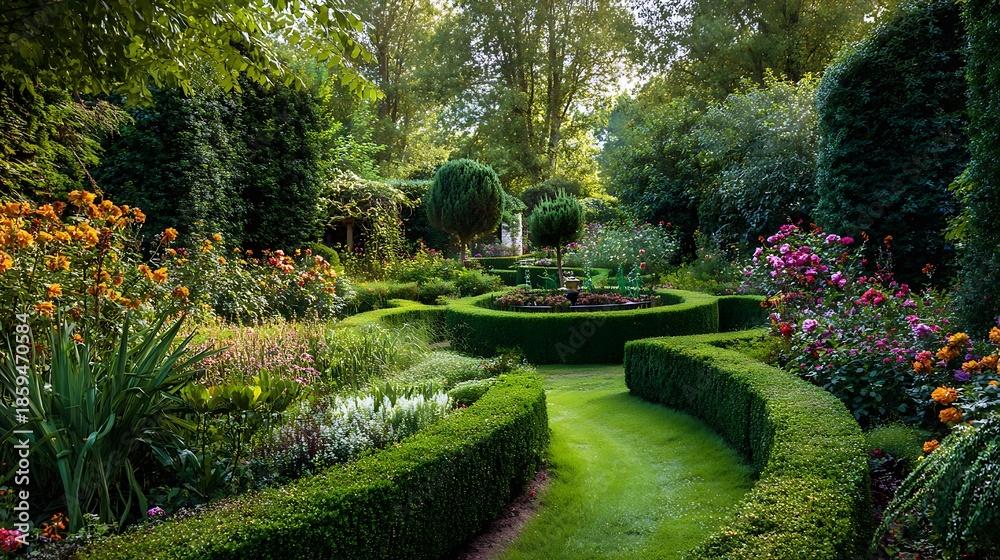 Obraz premium Lush, vibrant formal garden with winding paths, hedges, and diverse flowering plants