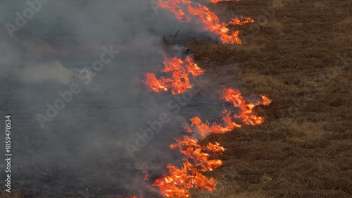Aerial view of controlled grass fire in rural field