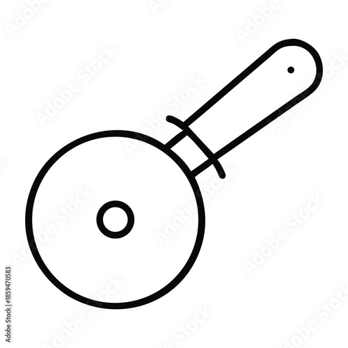A simple black and white line drawing depicting a pizza cutter with a circular blade and handle