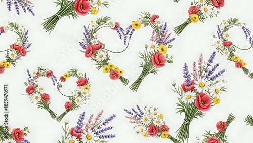 A delightful seamless pattern featuring vibrant bouquets and heart shapes adorned with wildflowers