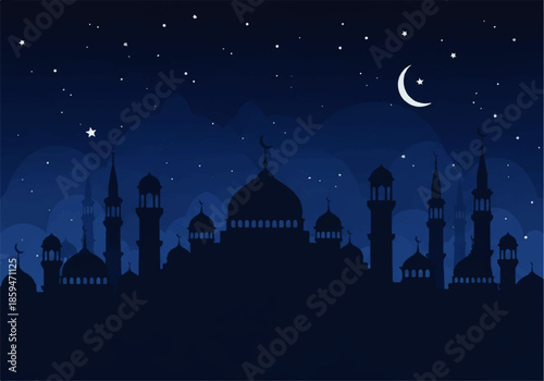 A serene nighttime scene of a mosque silhouette against a starry sky with a crescent moon, created in a flat design illustration vector style.