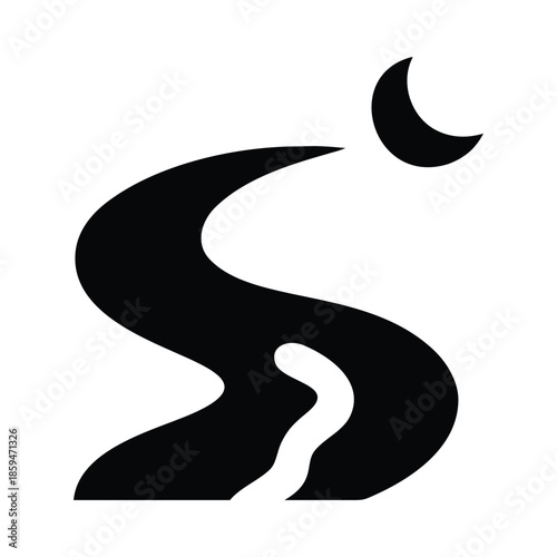 A minimalist black and white design featuring a winding river and a crescent moon above
