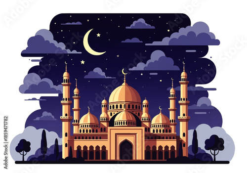 A serene nighttime scene of a majestic mosque with golden domes and minarets, set against a starry sky with a crescent moon, rendered in a vibrant Flat Design Ilustration Vector style.