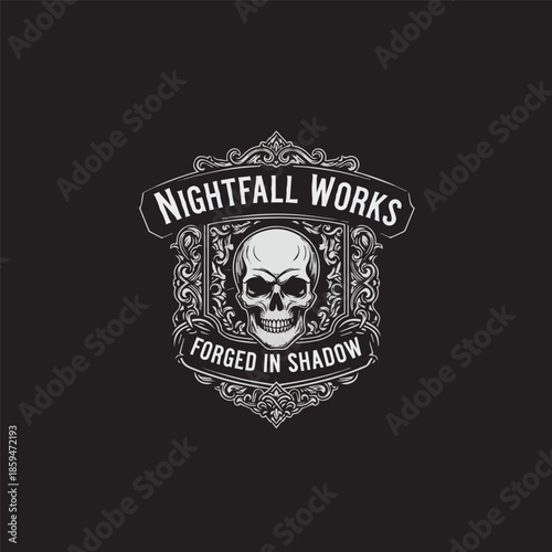 Vintage Ornamental Skull Emblem Logo with Gothic Frame – Perfect for Dark Apparel Brand, Tattoo Studio, Metal Merchandise, and Premium Craft Logo