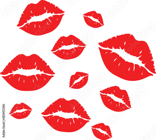 Red Lips Kiss Marks Pattern, Romantic Lipstick Print Illustration