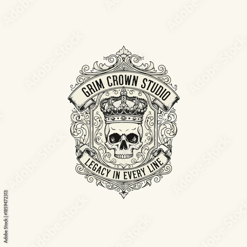 Detailed Vintage Skull Crown Emblem Logo with Ornate Frame – Suitable for Premium Fashion Brand, Tattoo Studio, Music Label, and Creative Studio Logo