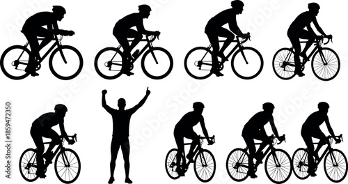 Set of Professional Cyclist Silhouettes Featuring Road Bike Racing Athletes in Various Poses Including a Winner Celebrating Victory on White Background