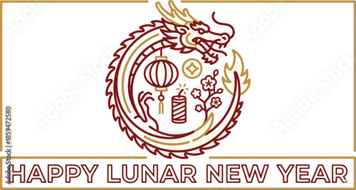 happy lunar new year greeting card minilist line art illustration of  chinese dargan lantern and firecracker in gold and deep red color with bold outline text clean vector design 