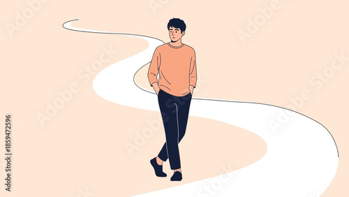 Minimalist Illustration of a Young Man Walking Along a Curved Path with Soft Pastel Background