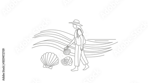 Minimalist Line Art Illustration of a Woman Collecting Seashells on the Beach