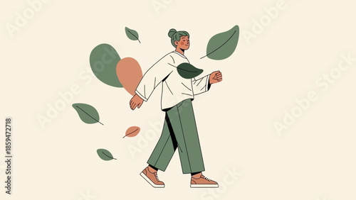 Minimalist illustration of a young woman walking outdoors among falling leaves emphasizing nature