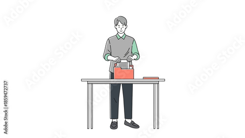 Minimalistic illustration of a person organizing papers on a desk in a clean, modern workspace