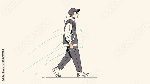 Minimalistic Illustration of a Person Walking with Wind Effect in Casual Clothing