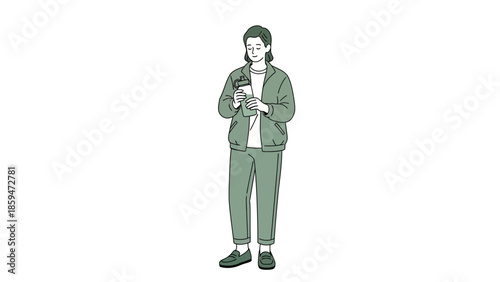 Minimalistic Illustration of a Woman Standing and Using a Mobile Phone