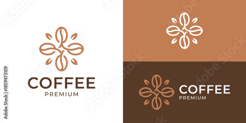 Creative simple coffee premium logo template. Coffee bean with flower for cafes logo design vector illustration.