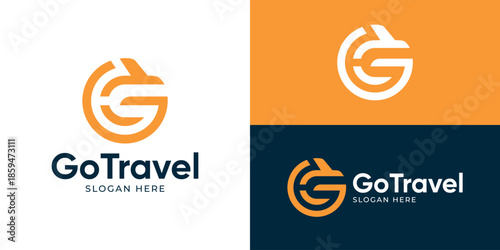 Creative simple go travel logo template. Letter G with airplane logo design vector illustration.