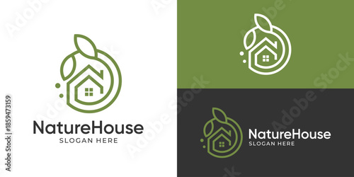 Creative simple nature house logo template. Home with leaf logo design vector illustration.